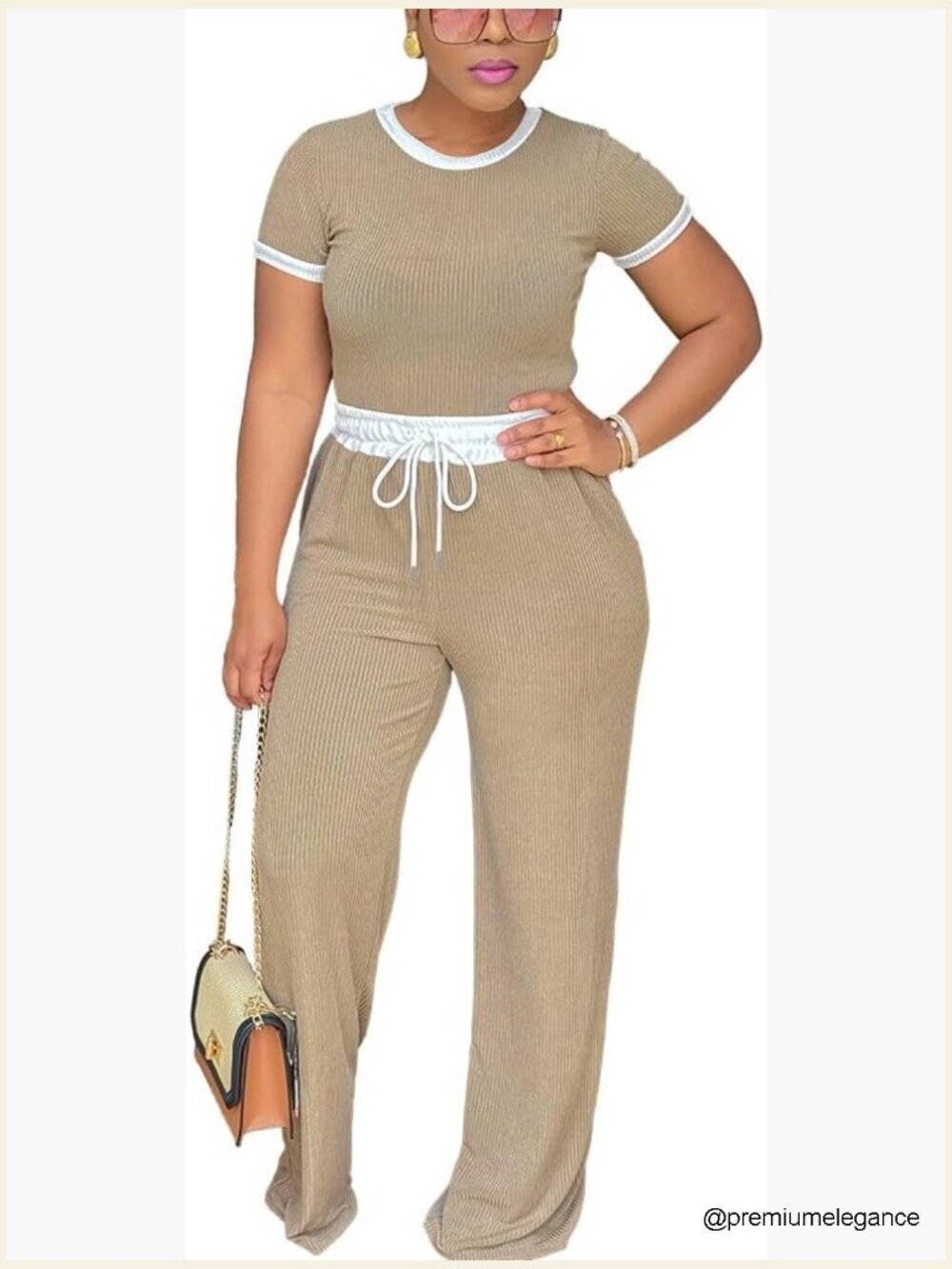 2 Piece Lounge Set: Short Sleeve Crop Top & Wide Leg Pants